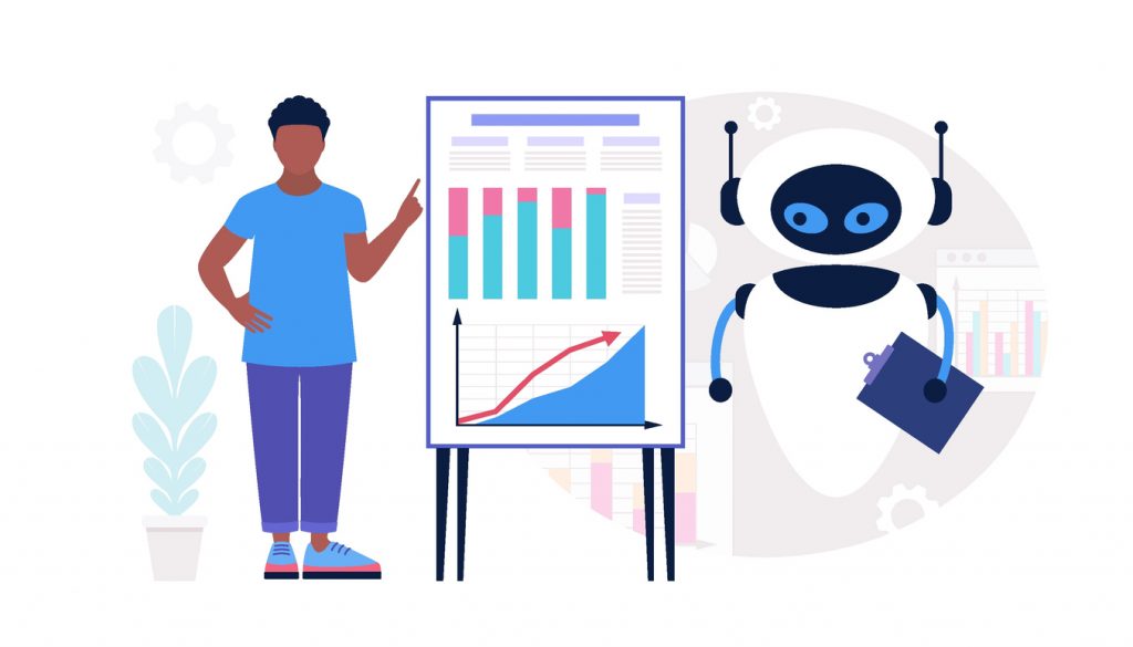 Man pointing at data chart with AI robot standing next to it.